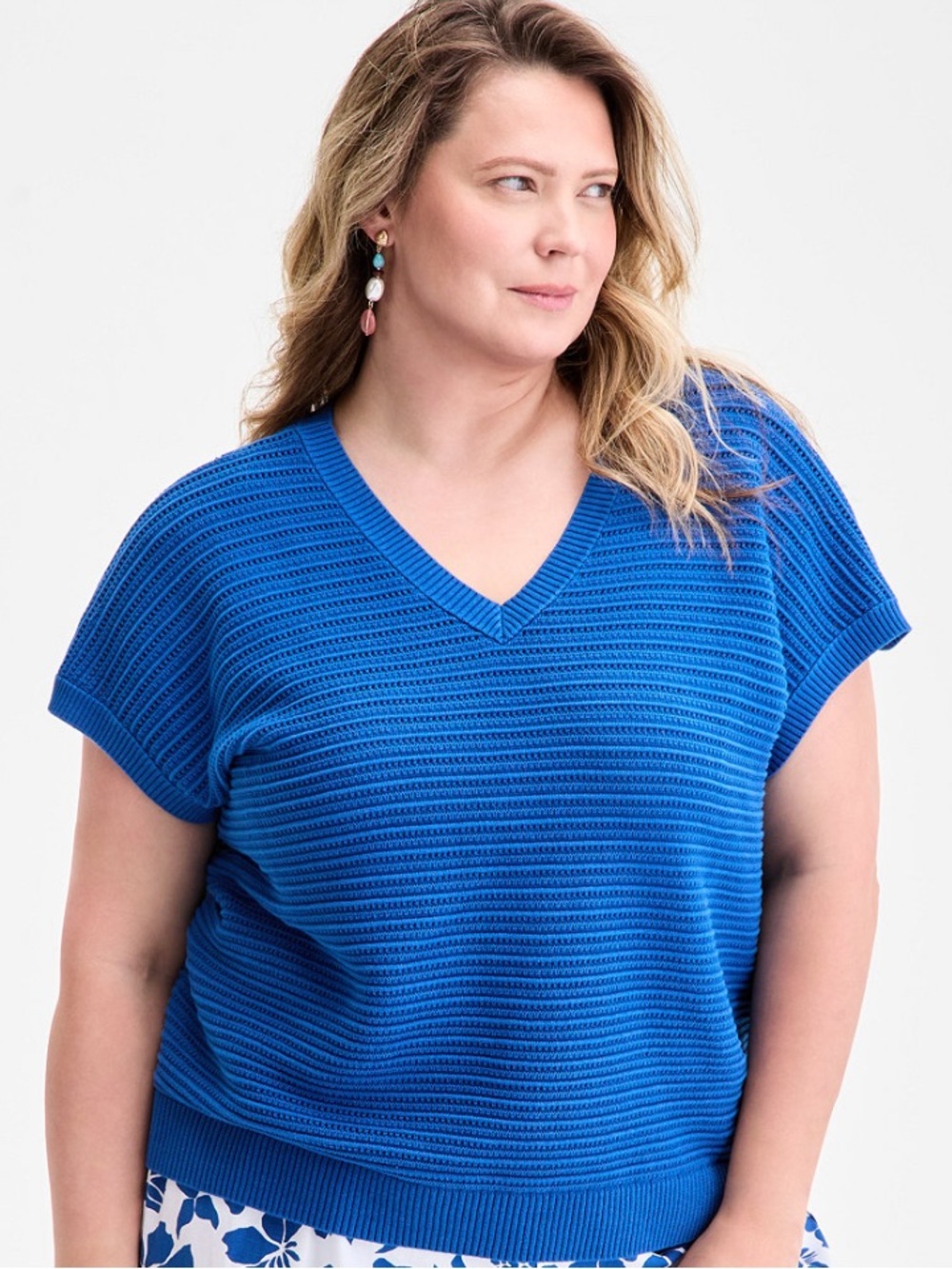 Plus Size Blue V-Neck Dolman Sleeve Blouse Top Short Sleeve Sweater Preppy